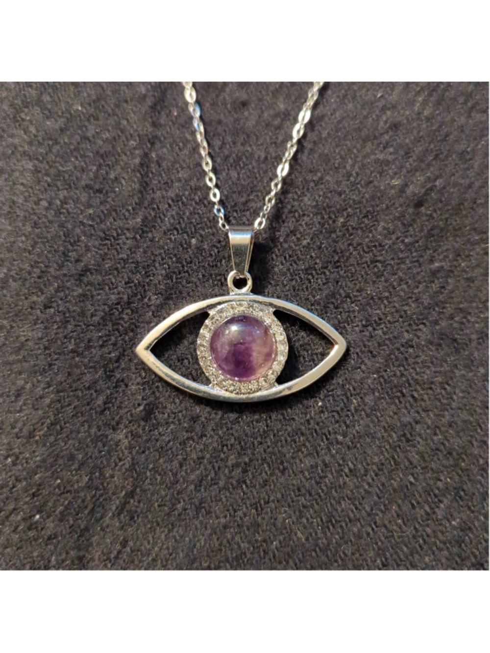 Silver Tone Purple Amethyst Gemstone Eye Pendant Statement Necklace